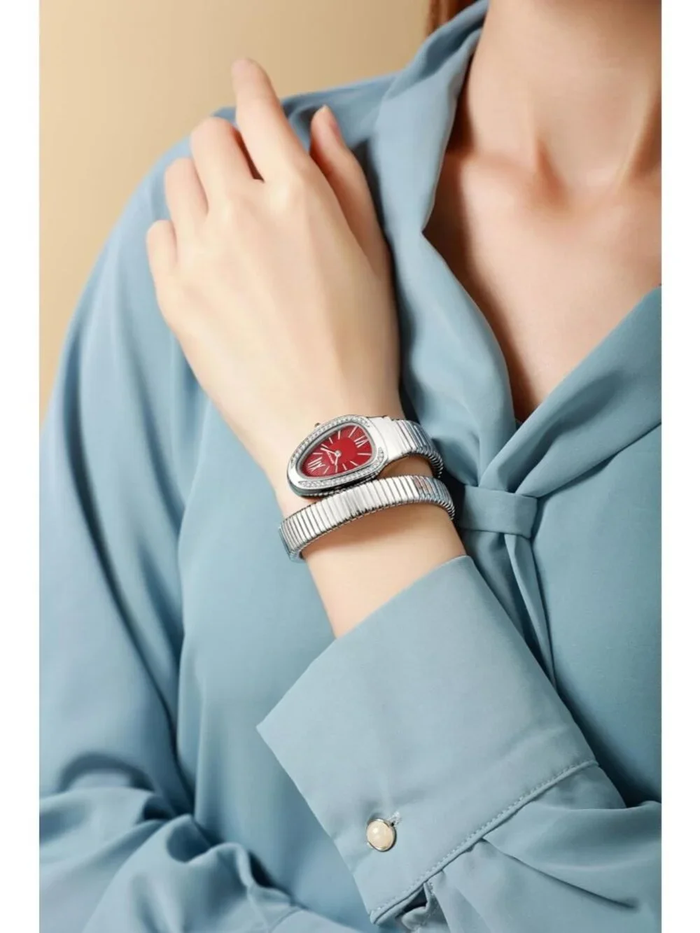 Women's Silver Red Elegant Wrap Around Bangle Fashion Snake Cuff Wrist Watches